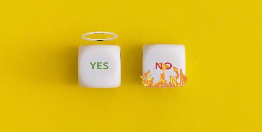 Yes and NO on a white cubes on yellow background. Approving, vot